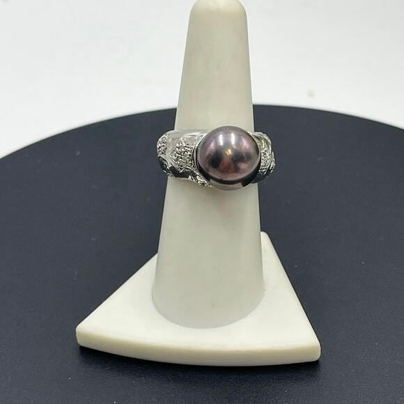 RT Platinum Sterling 12mm Black Cultured Freshwater Pearl Diamond Star Ring 7.25 - Picture 1 of 12